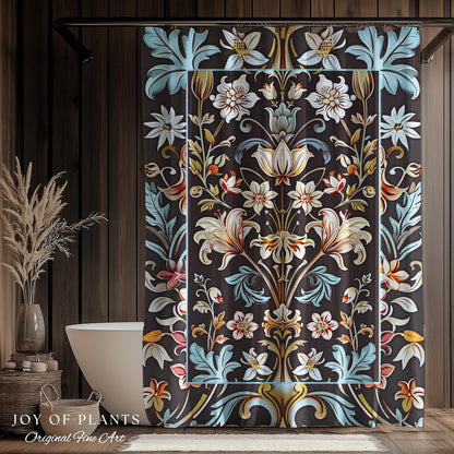 Whimsical Art Nouveau Shower Curtain Floral Victorian Whimsigothic Botanical Vintage Academia Decor William Morris Inspired Elegant Bathroom