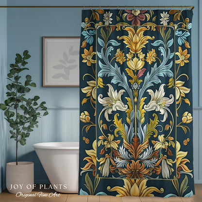 Art Nouveau Shower Curtain Floral Ornate Renaissance Style Botanical Dark Academia, William Morris Inspired Bathroom Farmhouse Cottagecore |
