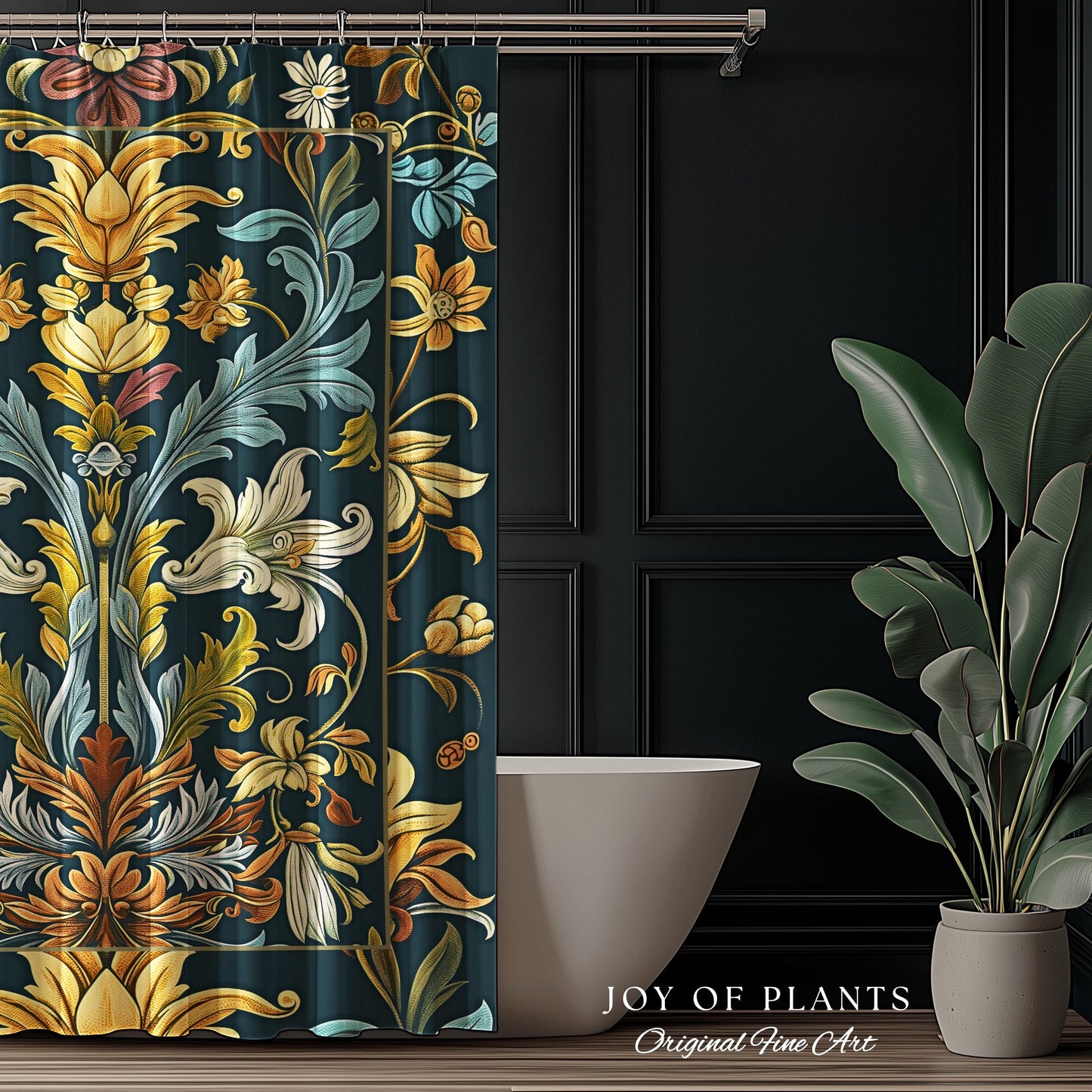 Art Nouveau Shower Curtain Floral Ornate Renaissance Style Botanical Dark Academia, William Morris Inspired Bathroom Farmhouse Cottagecore |
