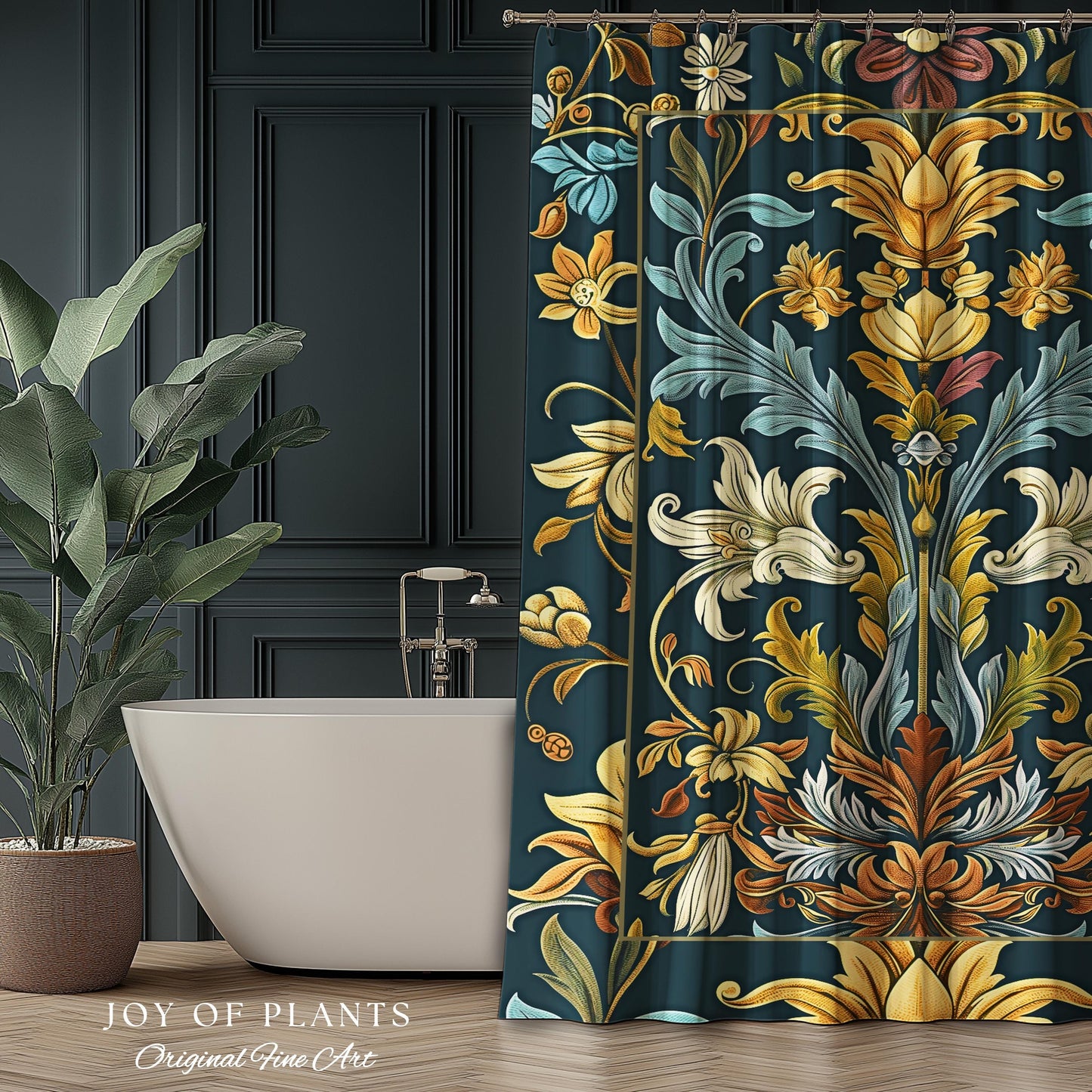 Art Nouveau Shower Curtain Floral Ornate Renaissance Style Botanical Dark Academia, William Morris Inspired Bathroom Farmhouse Cottagecore |