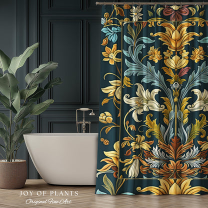Art Nouveau Shower Curtain Floral Ornate Renaissance Style Botanical Dark Academia, William Morris Inspired Bathroom Farmhouse Cottagecore |