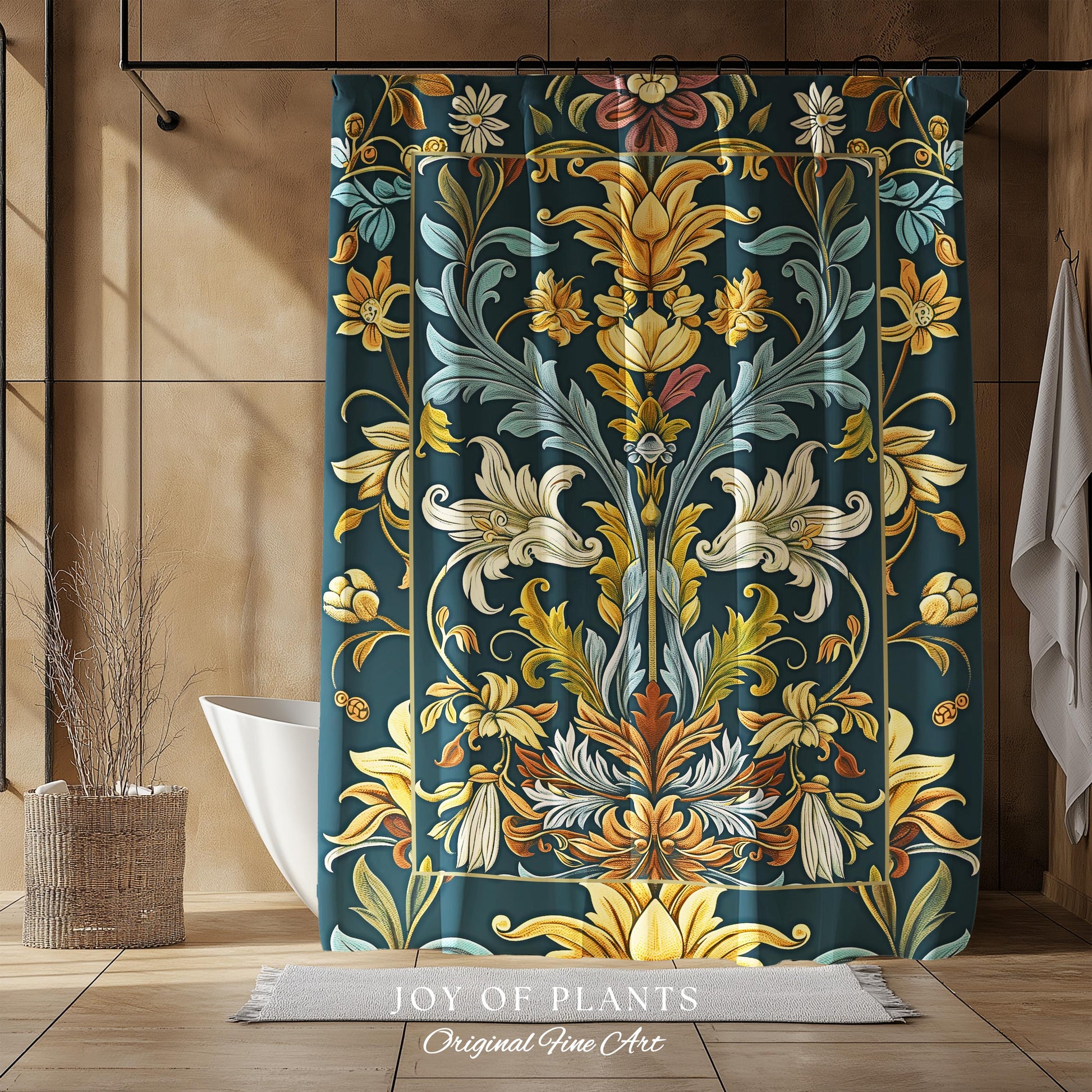 Art Nouveau Shower Curtain Floral Ornate Renaissance Style Botanical Dark Academia, William Morris Inspired Bathroom Farmhouse Cottagecore |