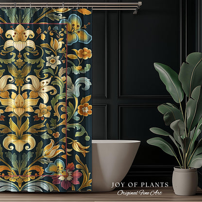 Rustic Farmhouse Shower Curtain Floral Country Cottage Charm | Soft Cottagecore Botanical Elegance Vintage Boho Flower Morris Style Bathroom