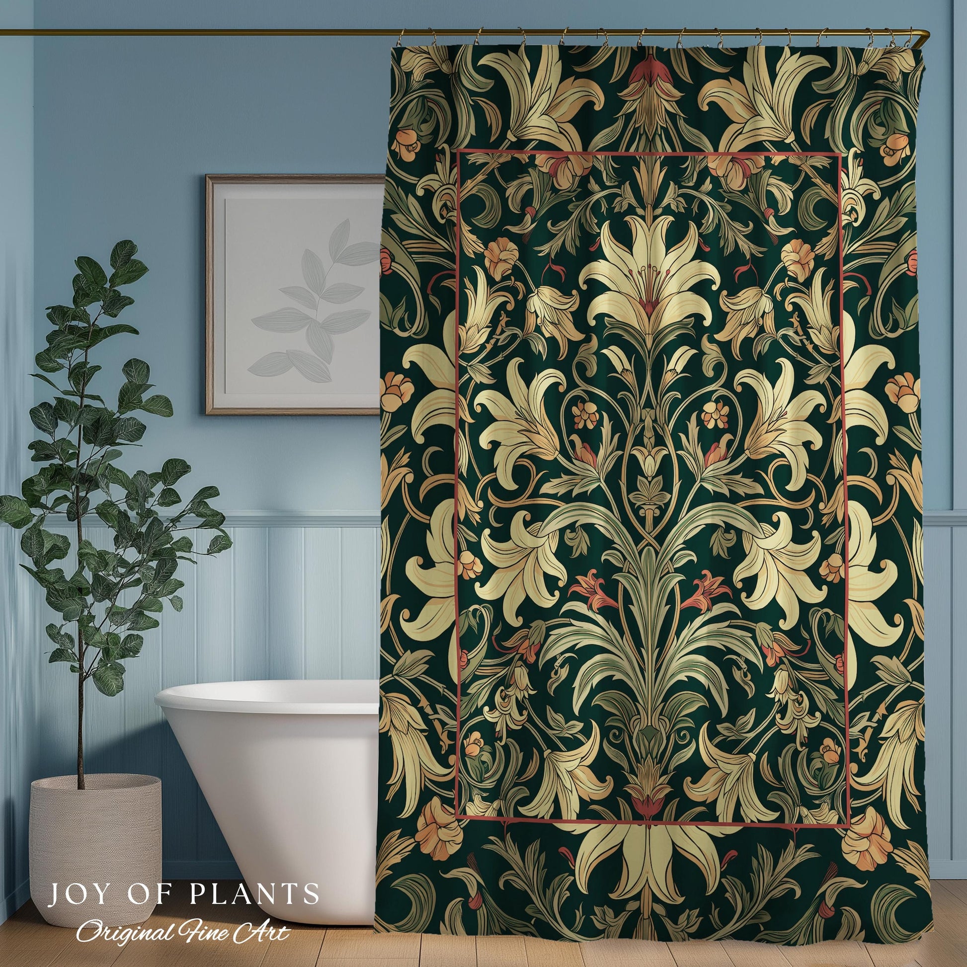 Earthy Fairycore Shower Curtain Floral Aesthetic | Enchanted Muted Forest Green Art Nouveau Victorian Cottagecore Academia Art Deco Bathroom