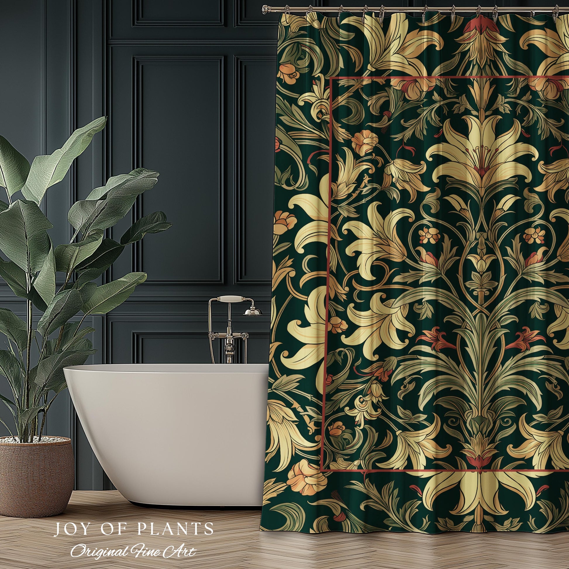 Earthy Fairycore Shower Curtain Floral Aesthetic | Enchanted Muted Forest Green Art Nouveau Victorian Cottagecore Academia Art Deco Bathroom