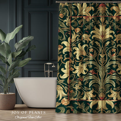 Earthy Fairycore Shower Curtain Floral Aesthetic | Enchanted Muted Forest Green Art Nouveau Victorian Cottagecore Academia Art Deco Bathroom