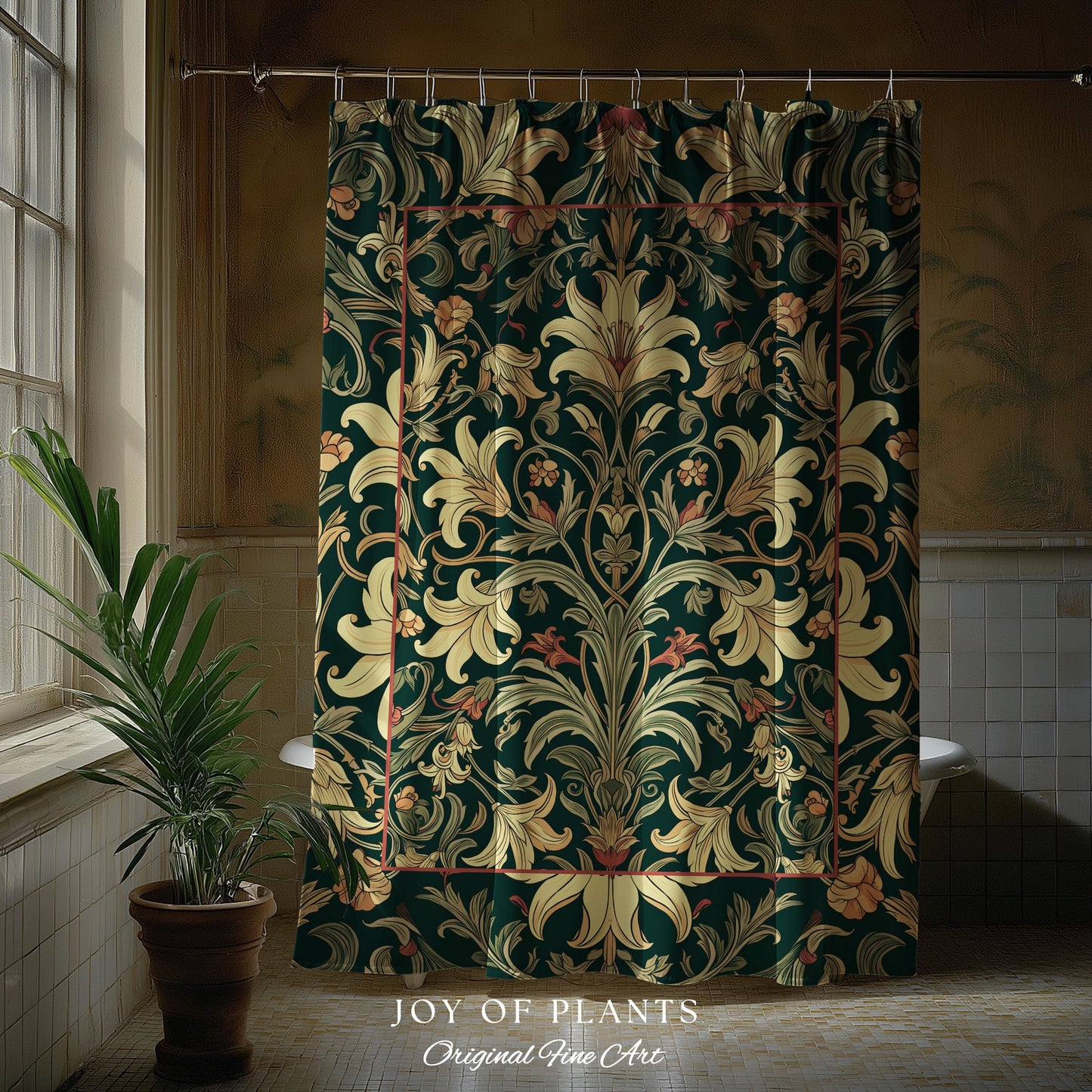 Earthy Fairycore Shower Curtain Floral Aesthetic | Enchanted Muted Forest Green Art Nouveau Victorian Cottagecore Academia Art Deco Bathroom