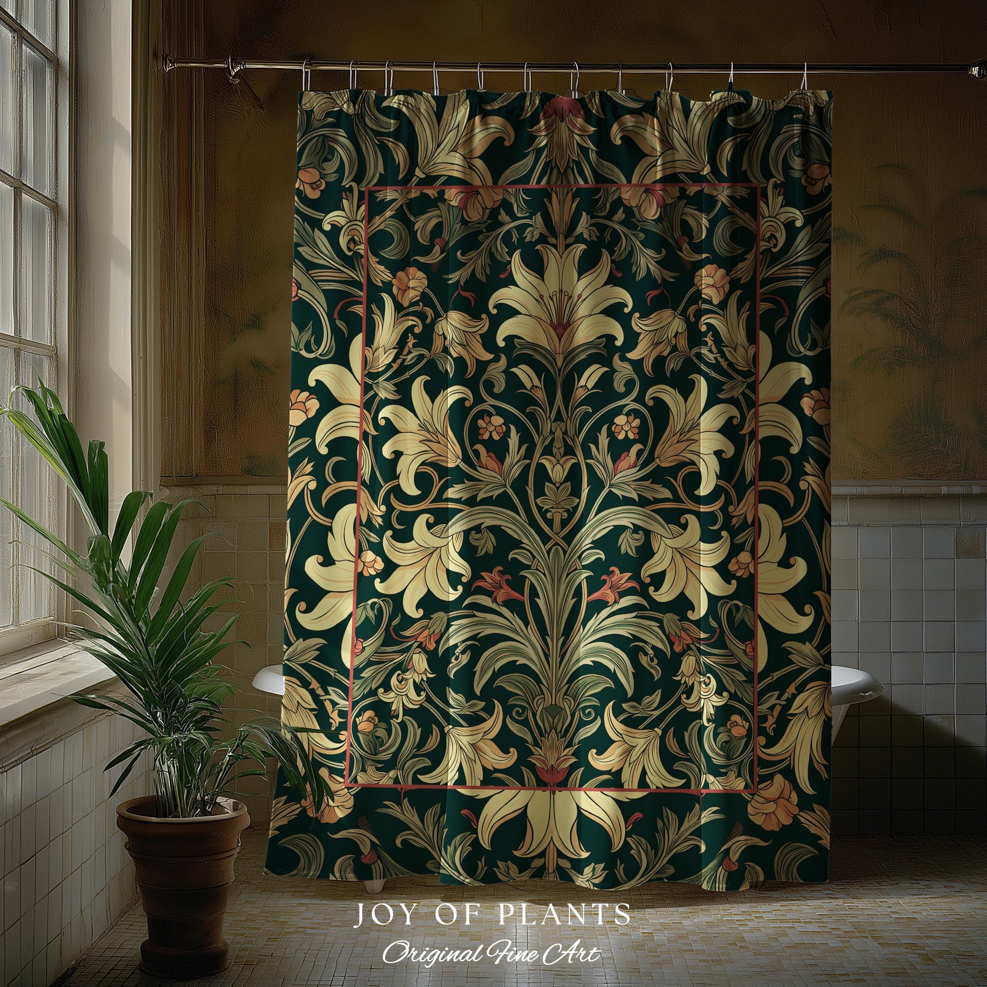 Earthy Fairycore Shower Curtain Floral Aesthetic | Enchanted Muted Forest Green Art Nouveau Victorian Cottagecore Academia Art Deco Bathroom