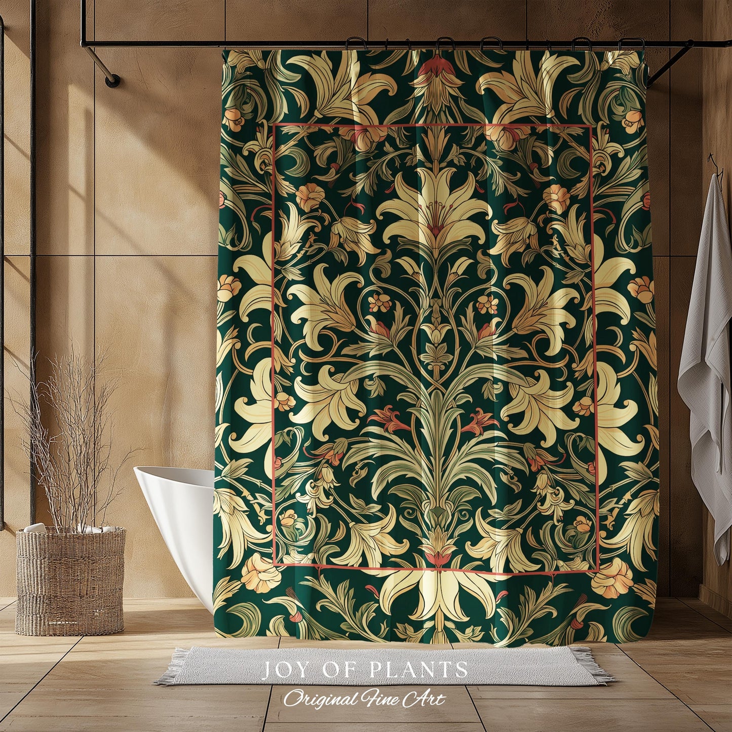 Earthy Fairycore Shower Curtain Floral Aesthetic | Enchanted Muted Forest Green Art Nouveau Victorian Cottagecore Academia Art Deco Bathroom