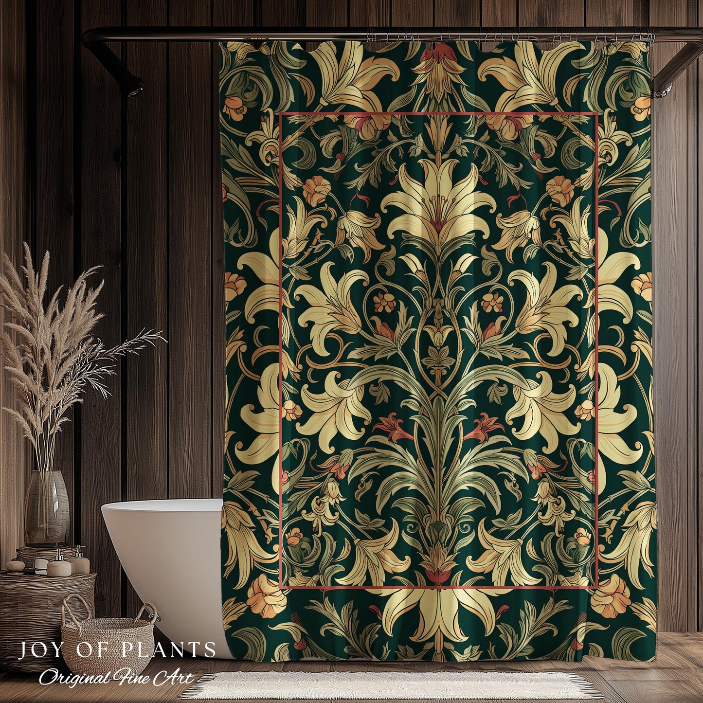 Earthy Fairycore Shower Curtain Floral Aesthetic | Enchanted Muted Forest Green Art Nouveau Victorian Cottagecore Academia Art Deco Bathroom