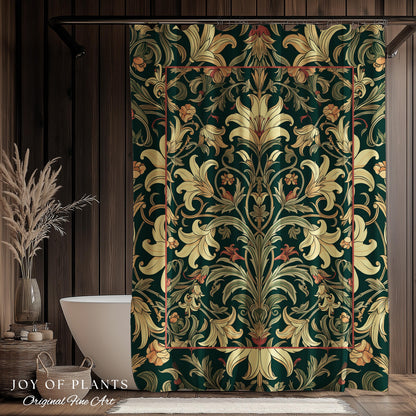 Earthy Fairycore Shower Curtain Floral Aesthetic | Enchanted Muted Forest Green Art Nouveau Victorian Cottagecore Academia Art Deco Bathroom