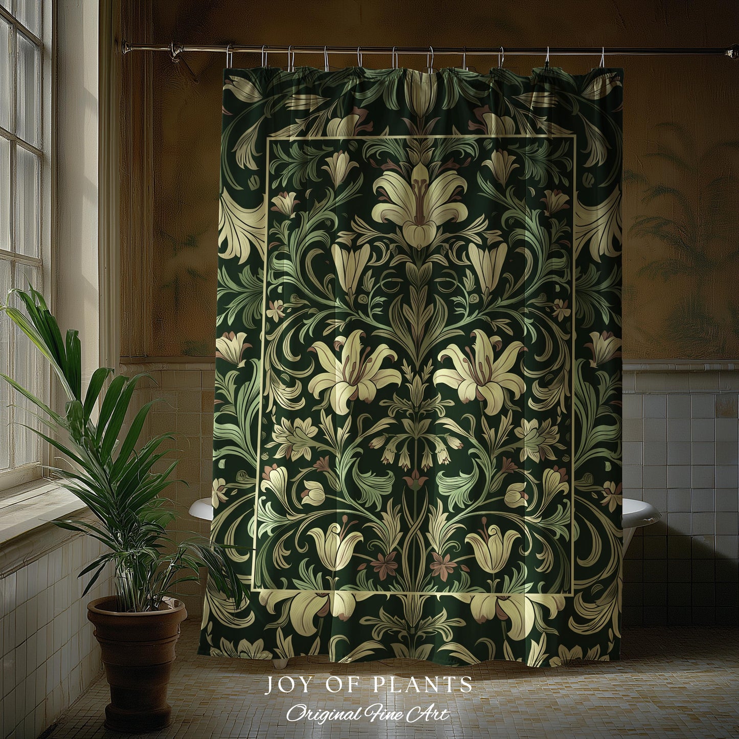 Antique Victorian Floral Shower Curtain Dark Green Botanical Aesthetic, Baroque Inspired Art Nouveau Bathroom Cottagecore William Morris |