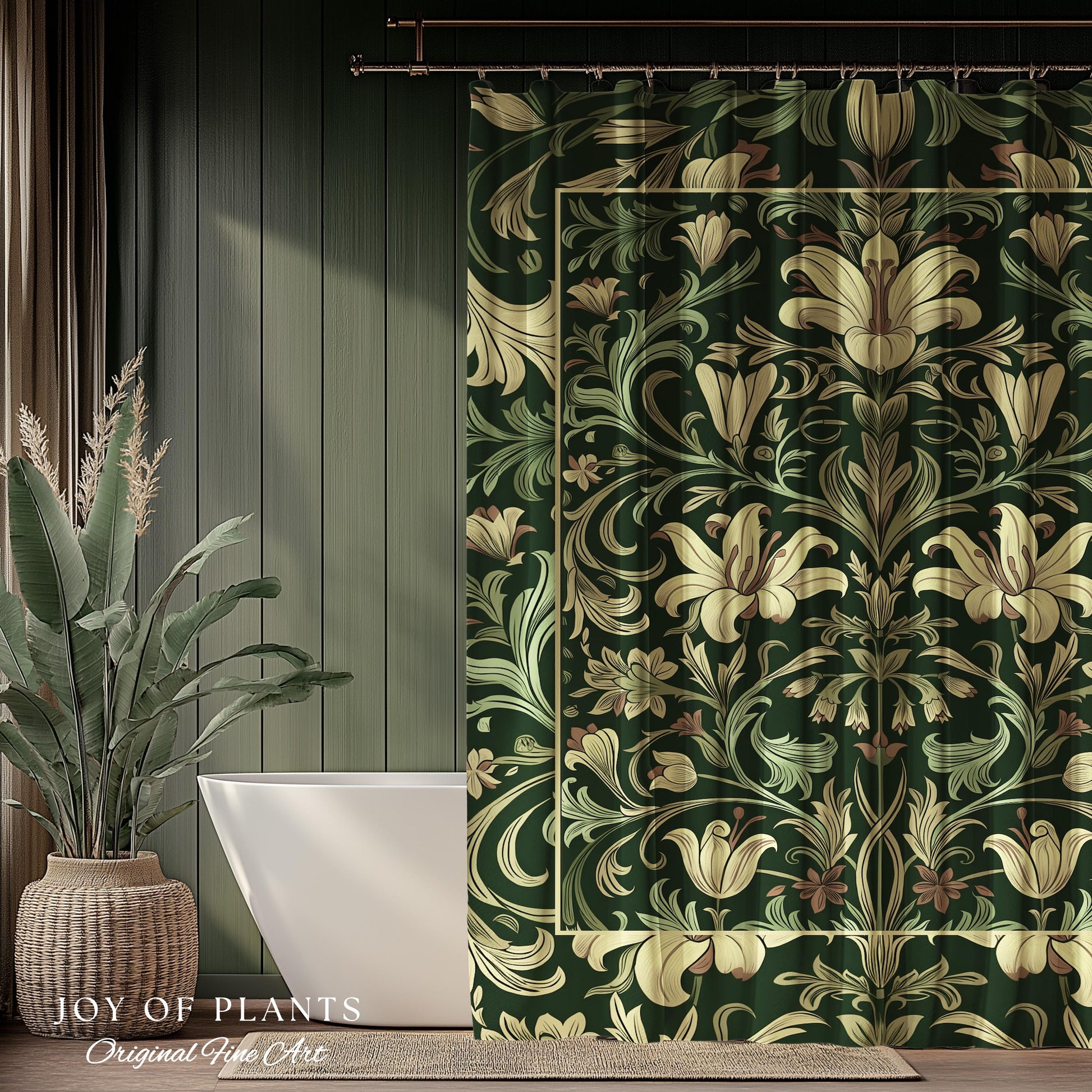 Antique Victorian Floral Shower Curtain Dark Green Botanical Aesthetic, Baroque Inspired Art Nouveau Bathroom Cottagecore William Morris |