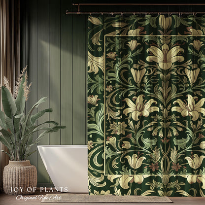 Antique Victorian Floral Shower Curtain Dark Green Botanical Aesthetic, Baroque Inspired Art Nouveau Bathroom Cottagecore William Morris |