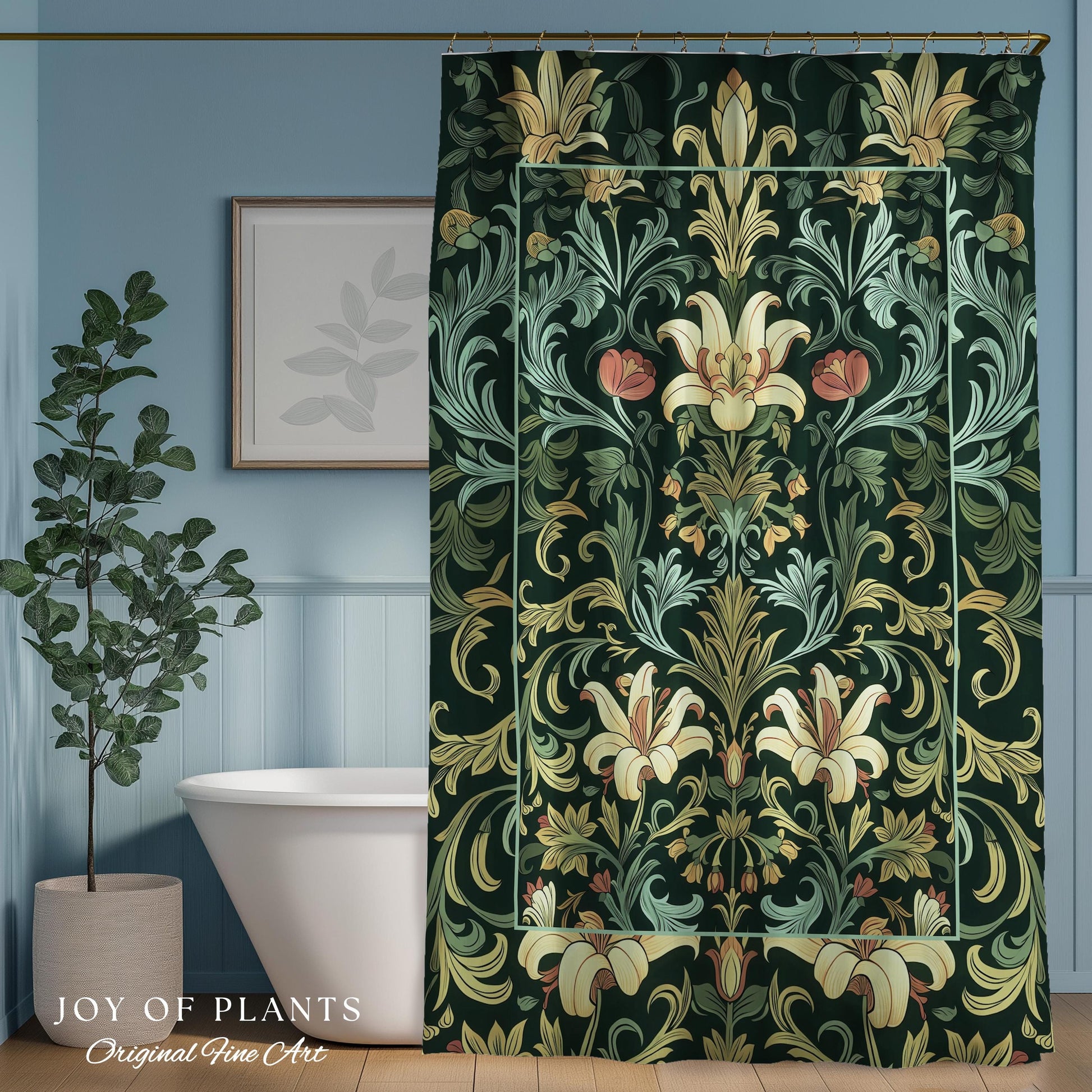 Vintage Green Botanical Shower Curtain Art Nouveau William Morris Style Victorian Floral | Dark Academia Woodland Aesthetic Gothic Bathroom
