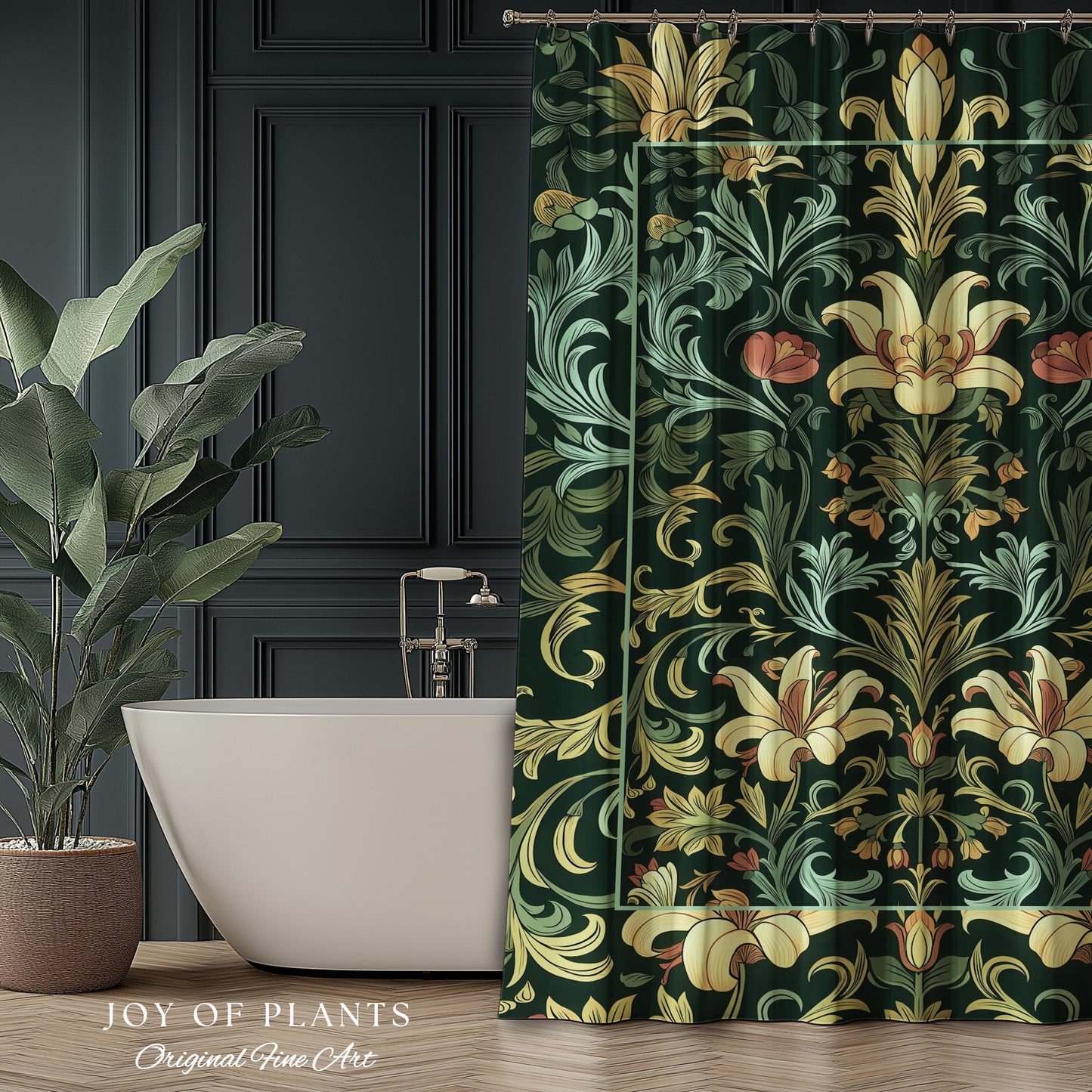 Vintage Green Botanical Shower Curtain Art Nouveau William Morris Style Victorian Floral | Dark Academia Woodland Aesthetic Gothic Bathroom