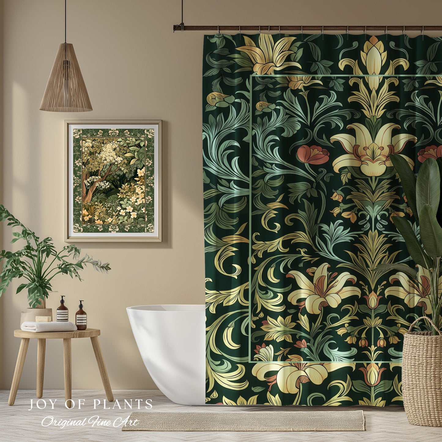 Vintage Green Botanical Shower Curtain Art Nouveau William Morris Style Victorian Floral | Dark Academia Woodland Aesthetic Gothic Bathroom