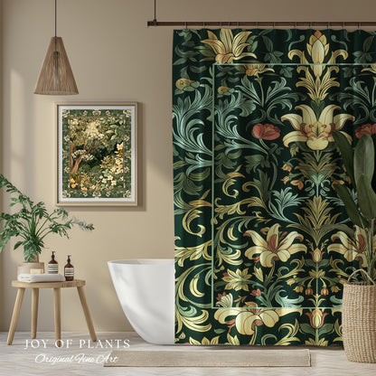 Vintage Green Botanical Shower Curtain Art Nouveau William Morris Style Victorian Floral | Dark Academia Woodland Aesthetic Gothic Bathroom