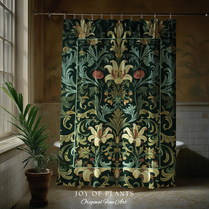 Vintage Green Botanical Shower Curtain Art Nouveau William Morris Style Victorian Floral | Dark Academia Woodland Aesthetic Gothic Bathroom
