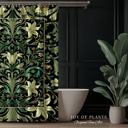 Ornate Green Botanical Shower Curtain Art Nouveau Victorian Floral William Morris Inspired Decor | Elegant Bathroom Lily Flower Cottagecore