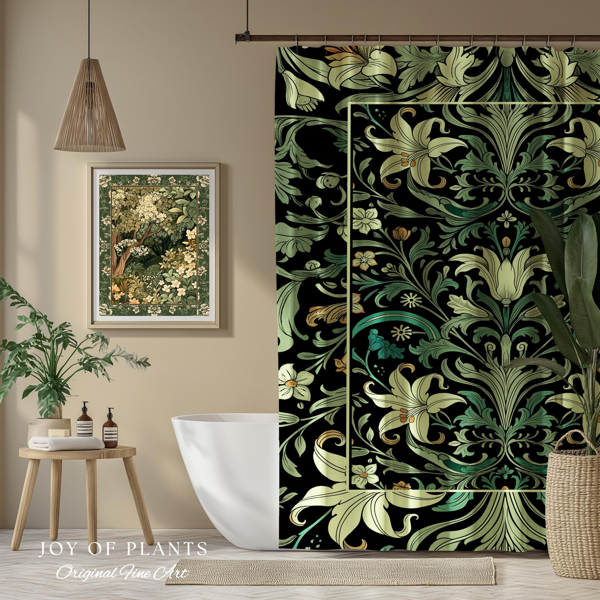 Ornate Green Botanical Shower Curtain Art Nouveau Victorian Floral William Morris Inspired Decor | Elegant Bathroom Lily Flower Cottagecore