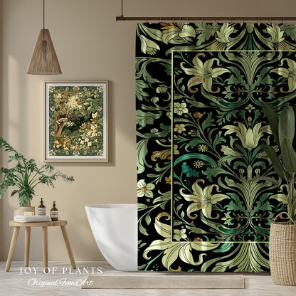 Ornate Green Botanical Shower Curtain Art Nouveau Victorian Floral William Morris Inspired Decor | Elegant Bathroom Lily Flower Cottagecore