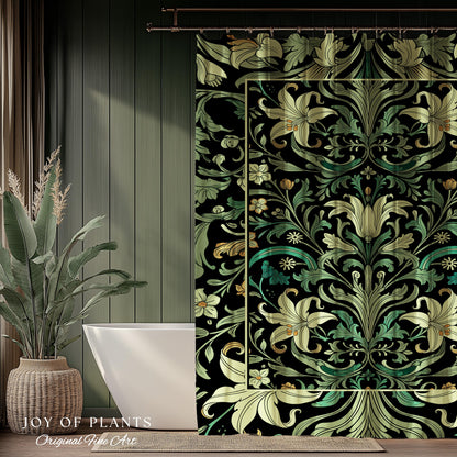 Ornate Green Botanical Shower Curtain Art Nouveau Victorian Floral William Morris Inspired Decor | Elegant Bathroom Lily Flower Cottagecore