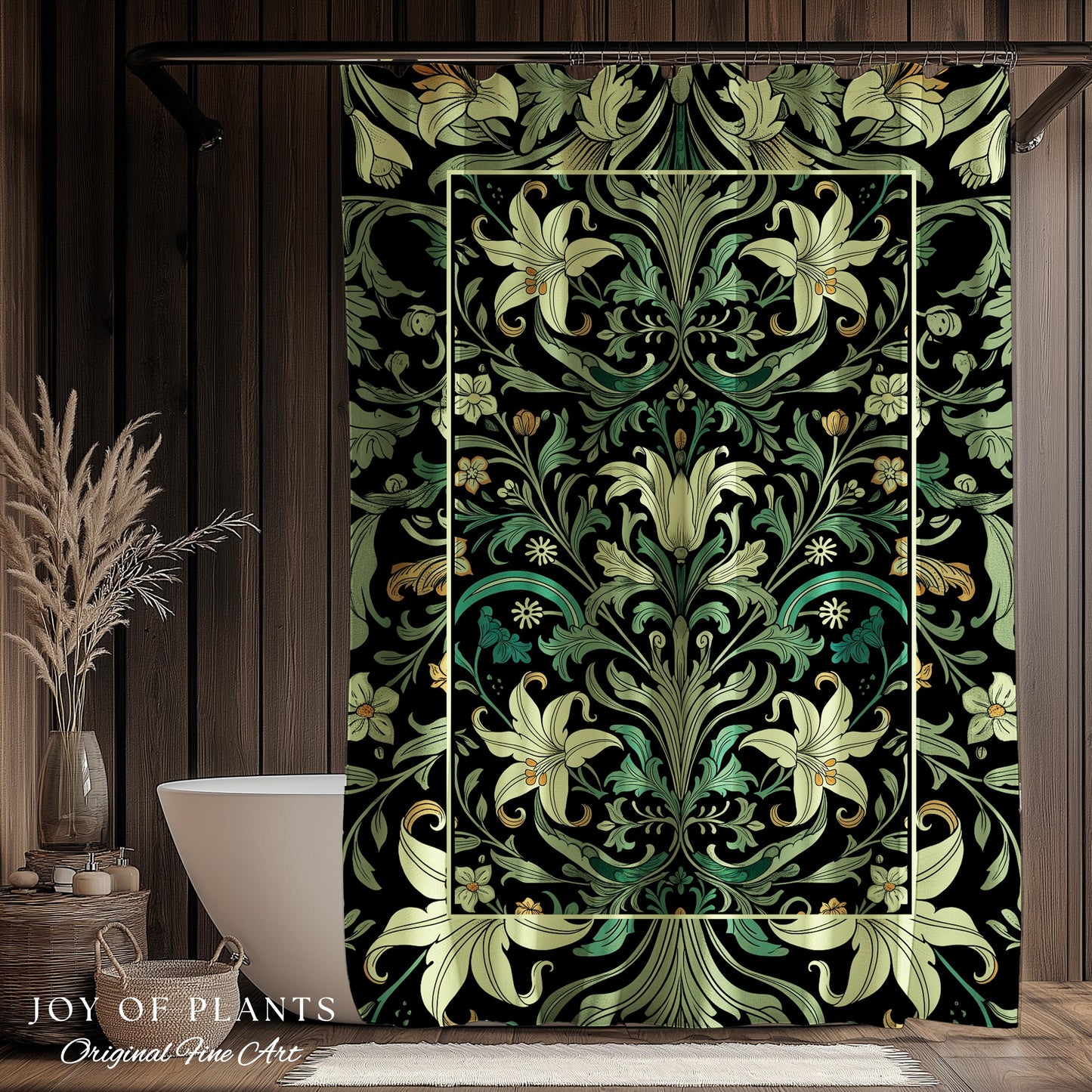 Ornate Green Botanical Shower Curtain Art Nouveau Victorian Floral William Morris Inspired Decor | Elegant Bathroom Lily Flower Cottagecore