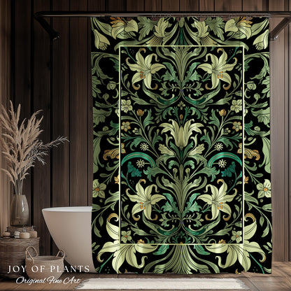 Ornate Green Botanical Shower Curtain Art Nouveau Victorian Floral William Morris Inspired Decor | Elegant Bathroom Lily Flower Cottagecore