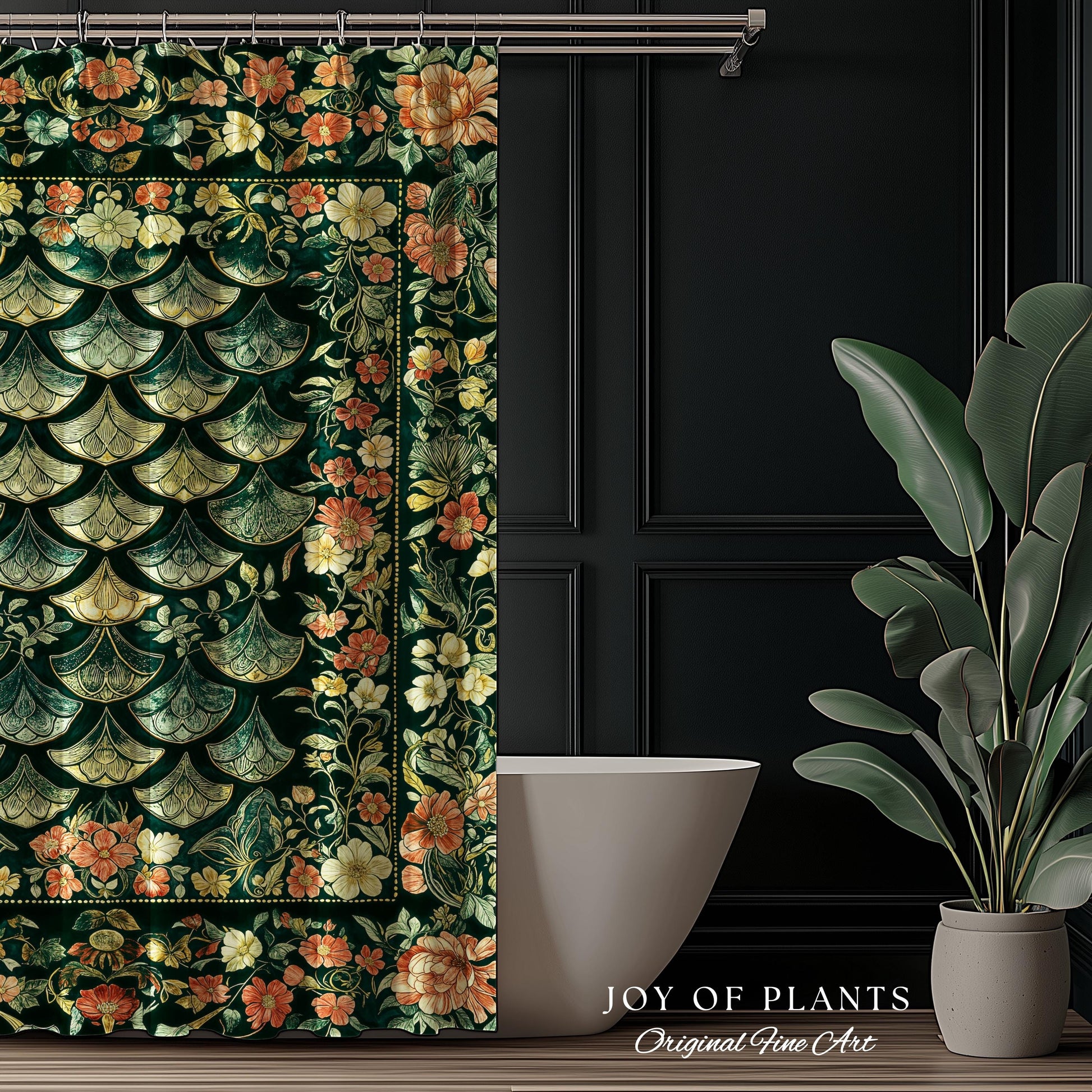 Regal Enchanted Dragon Scale Shower Curtain | Gothic Fairytale Bathroom Accent Medieval Floral Dark Academia Elegant Bathroom Decor Colorful