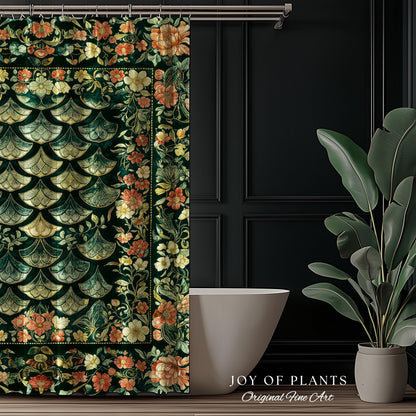 Regal Enchanted Dragon Scale Shower Curtain | Gothic Fairytale Bathroom Accent Medieval Floral Dark Academia Elegant Bathroom Decor Colorful