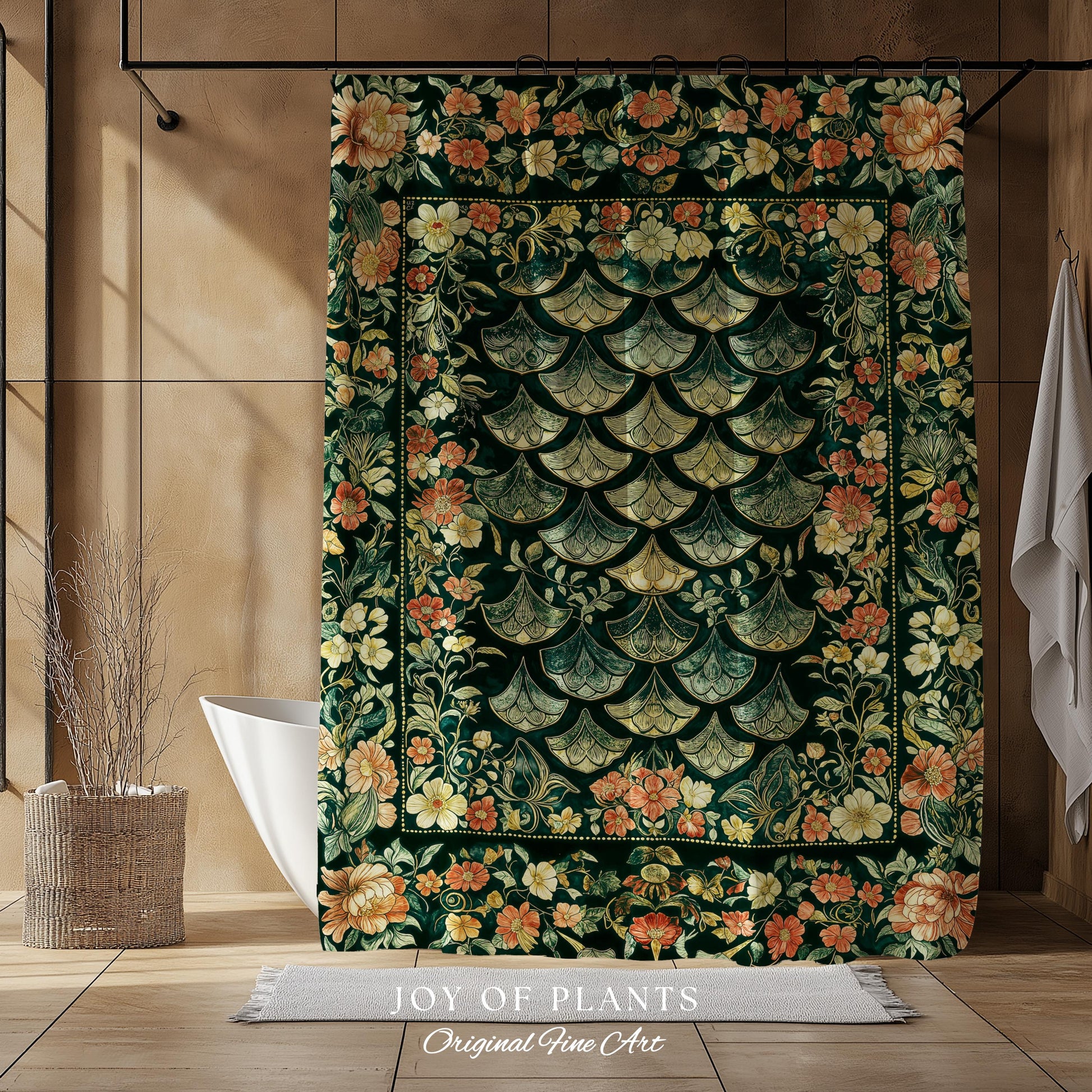 Regal Enchanted Dragon Scale Shower Curtain | Gothic Fairytale Bathroom Accent Medieval Floral Dark Academia Elegant Bathroom Decor Colorful