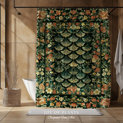 Regal Enchanted Dragon Scale Shower Curtain | Gothic Fairytale Bathroom Accent Medieval Floral Dark Academia Elegant Bathroom Decor Colorful