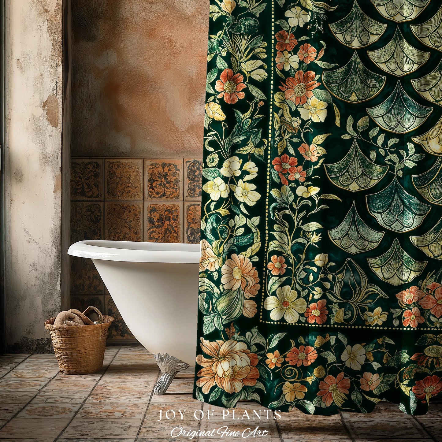 Regal Enchanted Dragon Scale Shower Curtain | Gothic Fairytale Bathroom Accent Medieval Floral Dark Academia Elegant Bathroom Decor Colorful