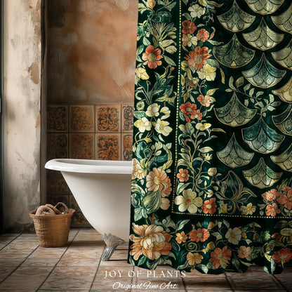Regal Enchanted Dragon Scale Shower Curtain | Gothic Fairytale Bathroom Accent Medieval Floral Dark Academia Elegant Bathroom Decor Colorful