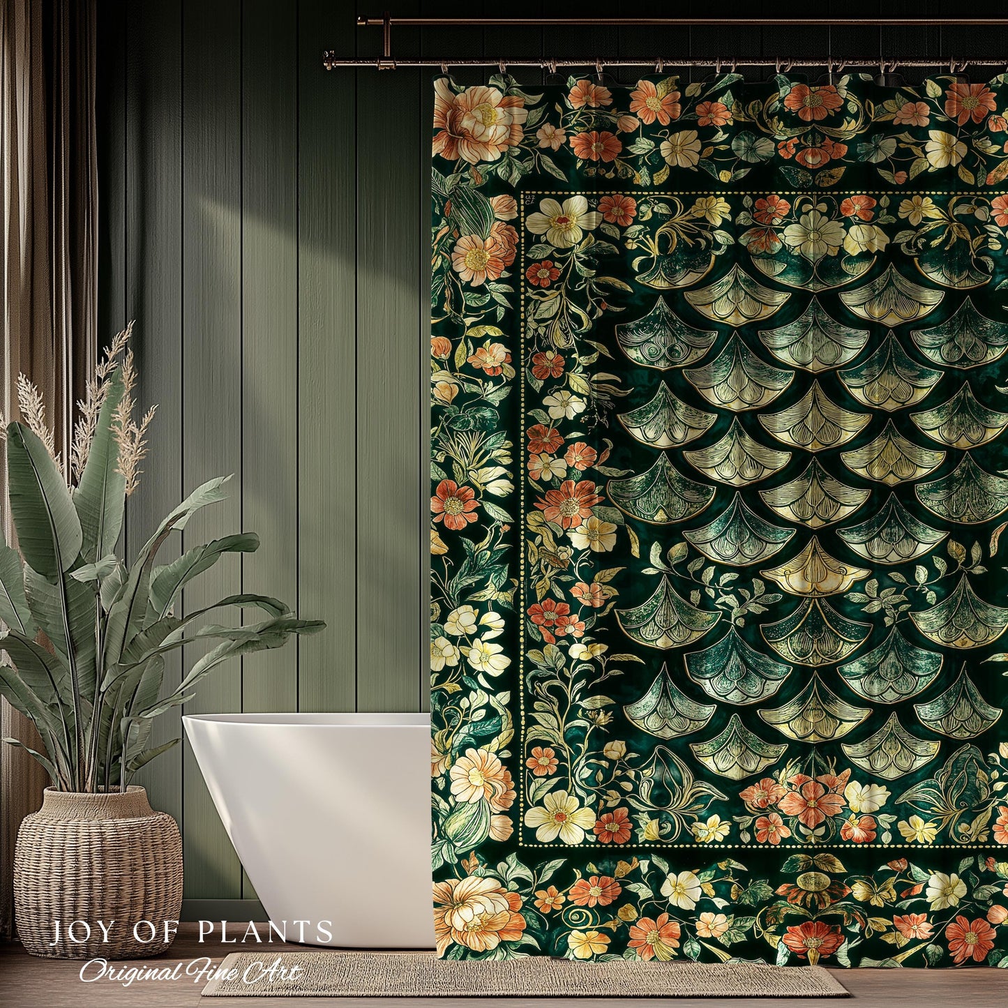 Regal Enchanted Dragon Scale Shower Curtain | Gothic Fairytale Bathroom Accent Medieval Floral Dark Academia Elegant Bathroom Decor Colorful