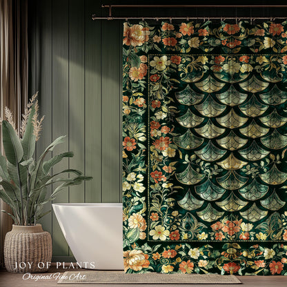 Regal Enchanted Dragon Scale Shower Curtain | Gothic Fairytale Bathroom Accent Medieval Floral Dark Academia Elegant Bathroom Decor Colorful