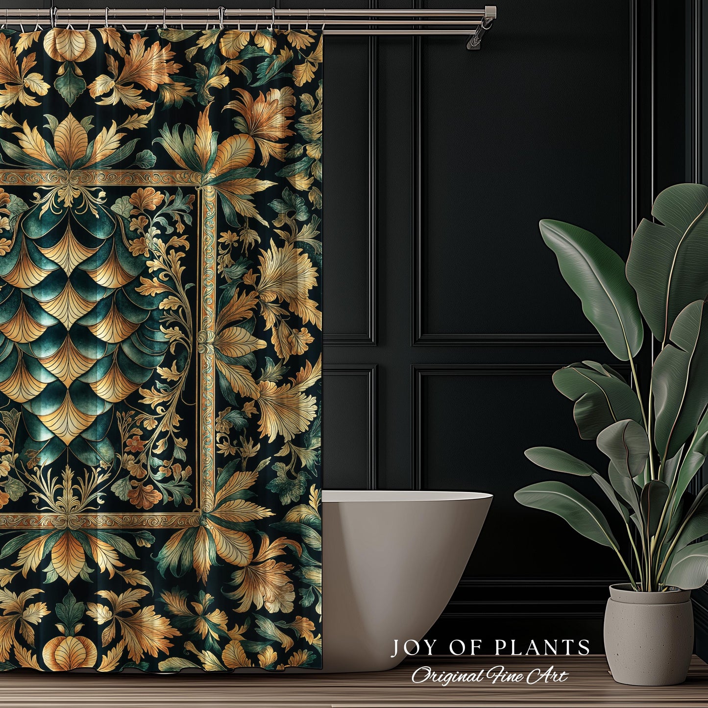 Ethereal Fairycore Art Deco Shower Curtain | Whimsical Gothic Dragon Scale Medieval Bathroom Enchanted Storybook Elegant Decor Fairytale Art