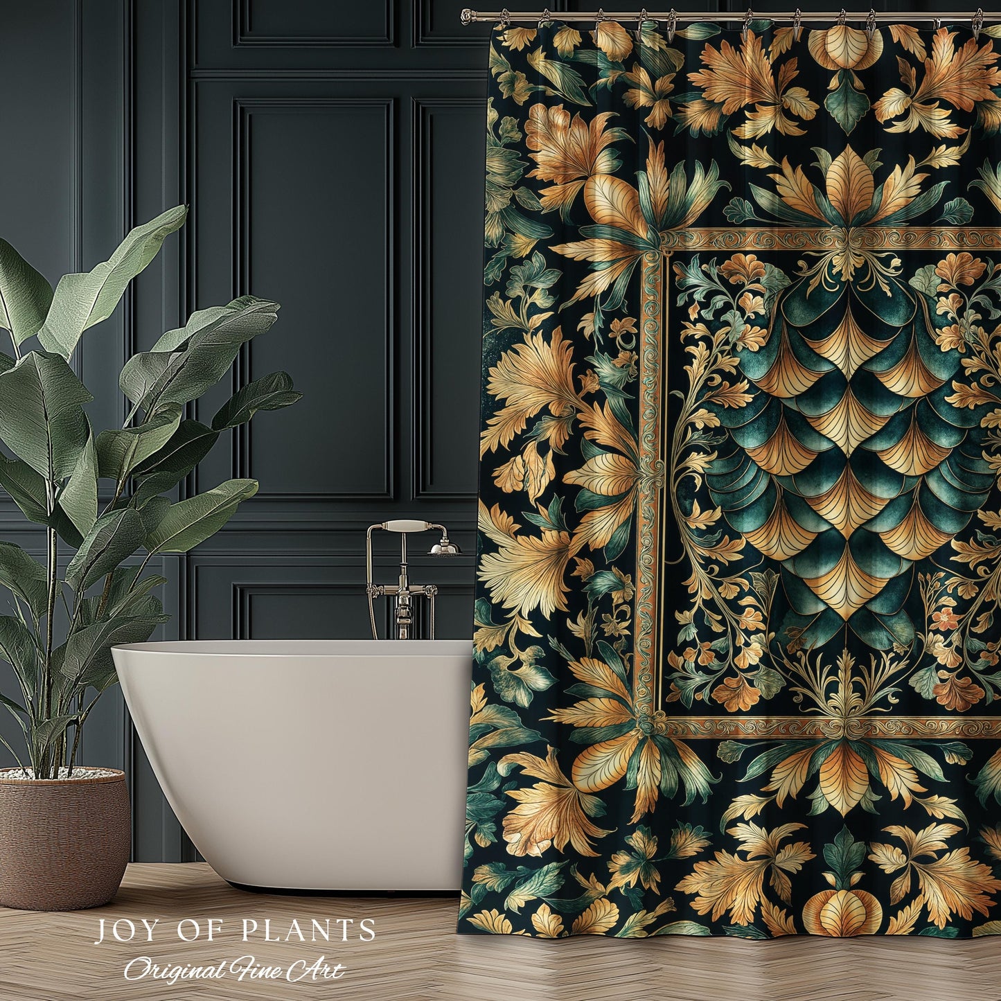 Ethereal Fairycore Art Deco Shower Curtain | Whimsical Gothic Dragon Scale Medieval Bathroom Enchanted Storybook Elegant Decor Fairytale Art