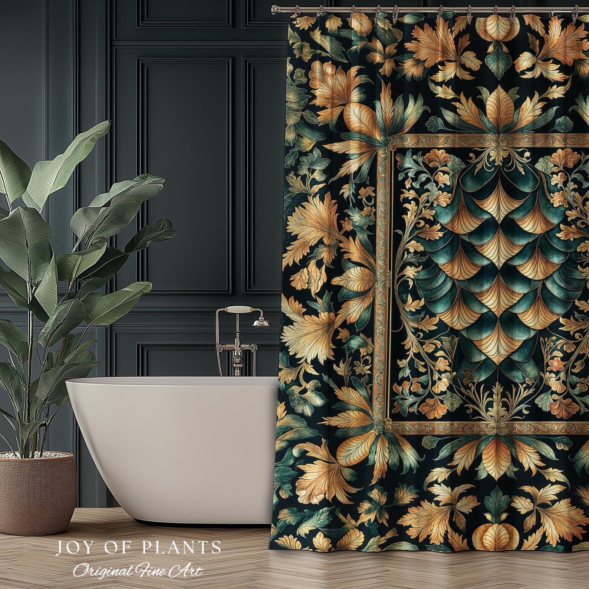 Ethereal Fairycore Art Deco Shower Curtain | Whimsical Gothic Dragon Scale Medieval Bathroom Enchanted Storybook Elegant Decor Fairytale Art