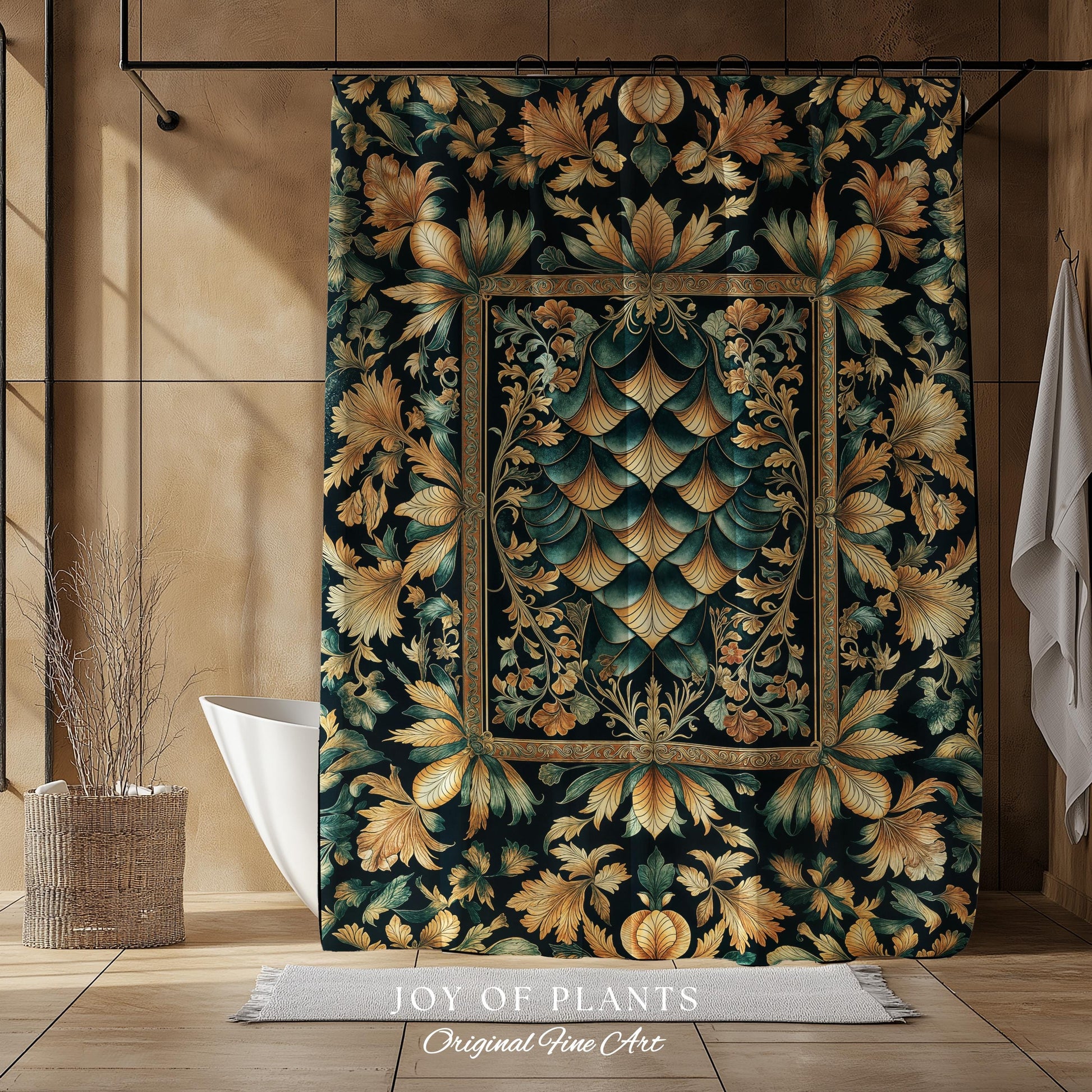 Ethereal Fairycore Art Deco Shower Curtain | Whimsical Gothic Dragon Scale Medieval Bathroom Enchanted Storybook Elegant Decor Fairytale Art