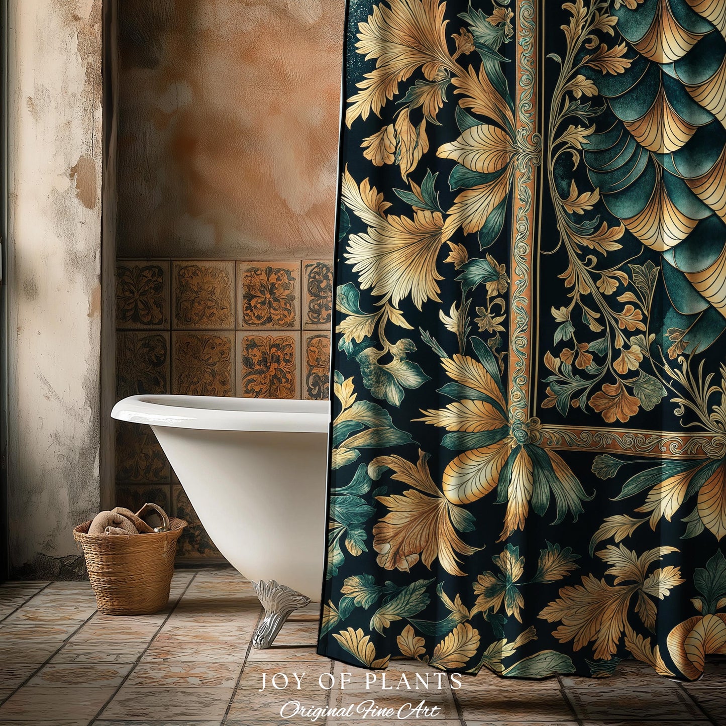 Ethereal Fairycore Art Deco Shower Curtain | Whimsical Gothic Dragon Scale Medieval Bathroom Enchanted Storybook Elegant Decor Fairytale Art