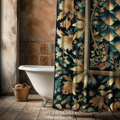 Ethereal Fairycore Art Deco Shower Curtain | Whimsical Gothic Dragon Scale Medieval Bathroom Enchanted Storybook Elegant Decor Fairytale Art
