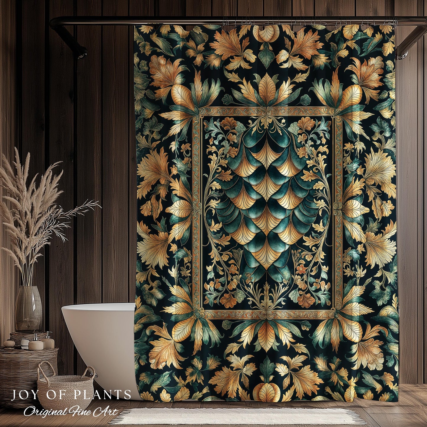 Ethereal Fairycore Art Deco Shower Curtain | Whimsical Gothic Dragon Scale Medieval Bathroom Enchanted Storybook Elegant Decor Fairytale Art