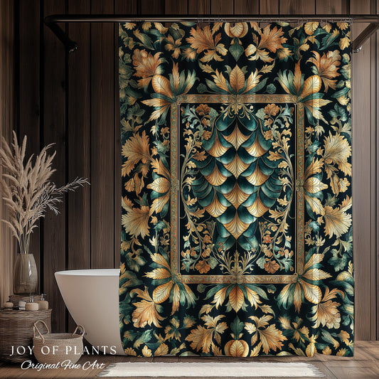 Ethereal Fairycore Art Deco Shower Curtain | Whimsical Gothic Dragon Scale Medieval Bathroom Enchanted Storybook Elegant Decor Fairytale Art