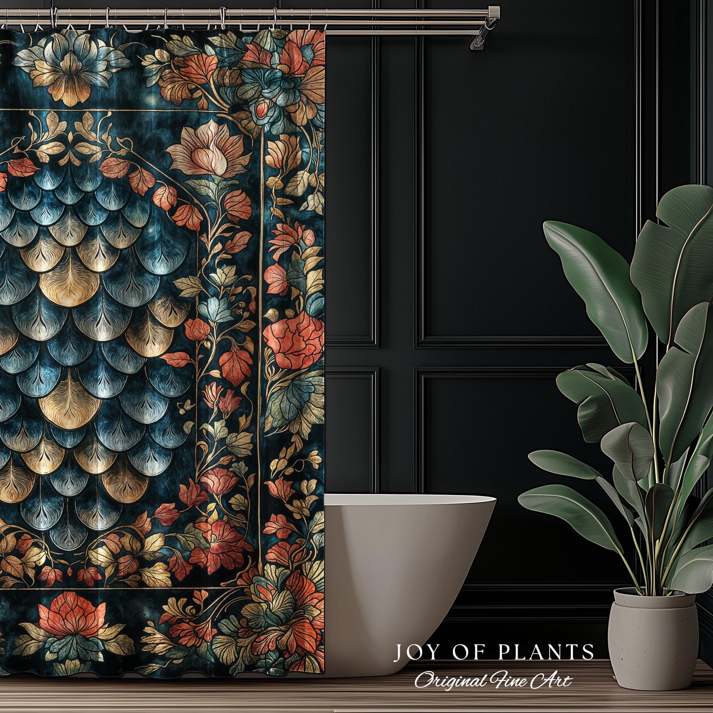 Romantic Baroque Dragon Scale Shower Curtain | Mystic Fairytale Gothic Bathroom Accent Ornate Floral Dark Academia Style Medieval Academia |