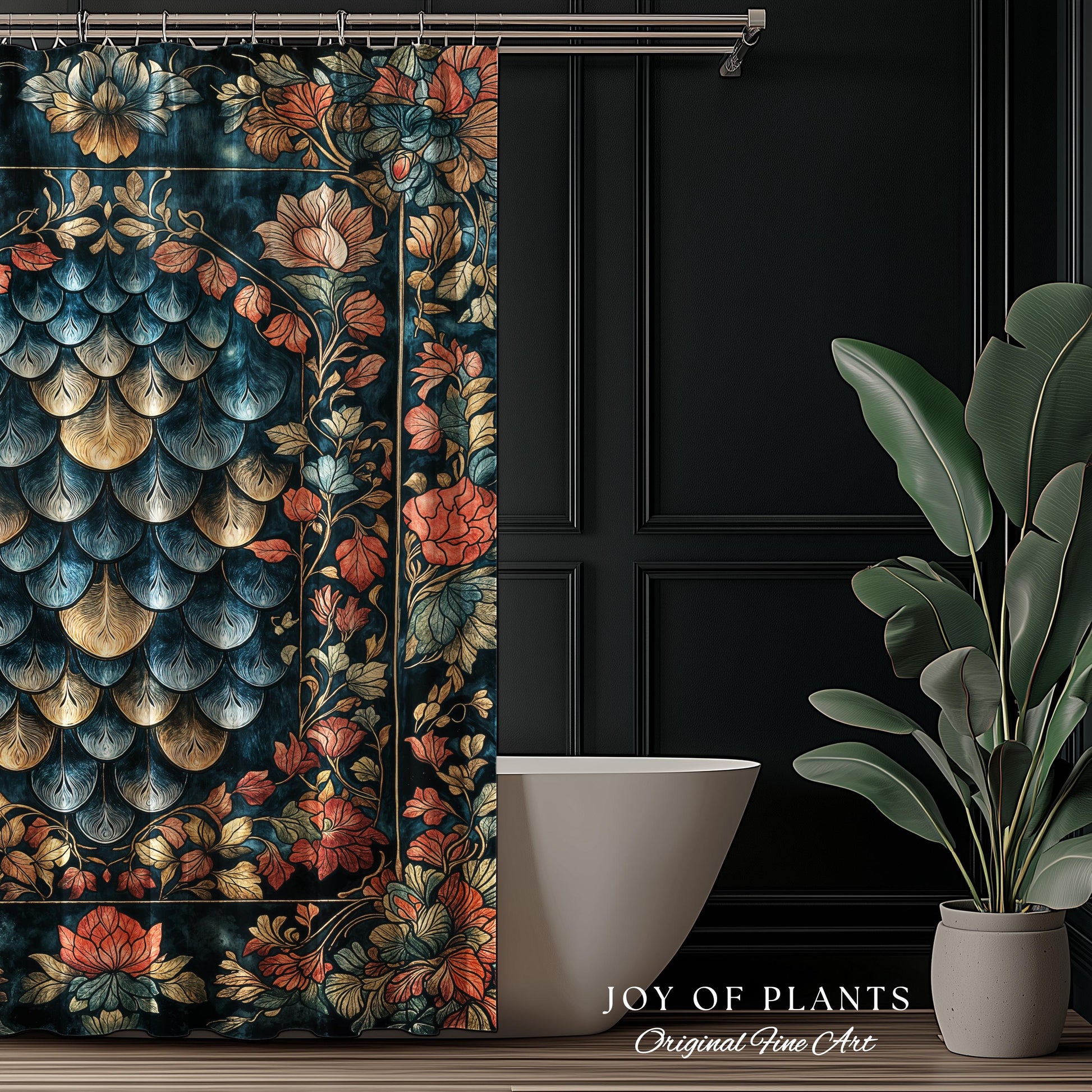 Romantic Baroque Dragon Scale Shower Curtain | Mystic Fairytale Gothic Bathroom Accent Ornate Floral Dark Academia Style Medieval Academia |