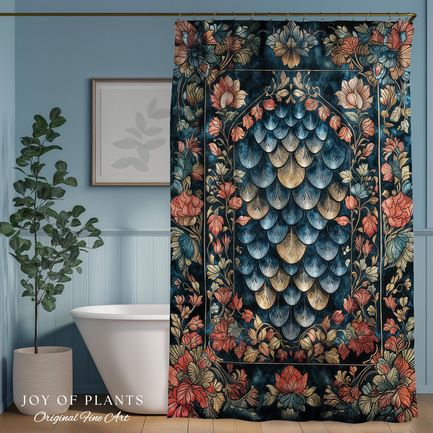 Romantic Baroque Dragon Scale Shower Curtain | Mystic Fairytale Gothic Bathroom Accent Ornate Floral Dark Academia Style Medieval Academia |