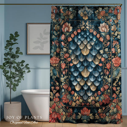 Romantic Baroque Dragon Scale Shower Curtain | Mystic Fairytale Gothic Bathroom Accent Ornate Floral Dark Academia Style Medieval Academia |
