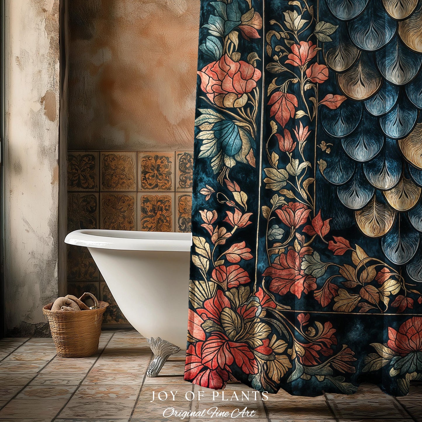 Romantic Baroque Dragon Scale Shower Curtain | Mystic Fairytale Gothic Bathroom Accent Ornate Floral Dark Academia Style Medieval Academia |